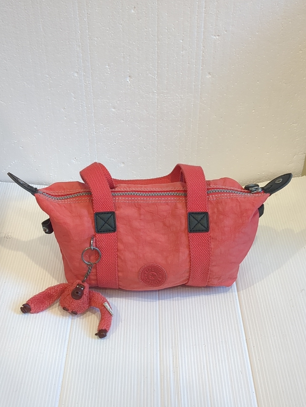 Kipling Coral Pink Mini Tote with Monkey Charm